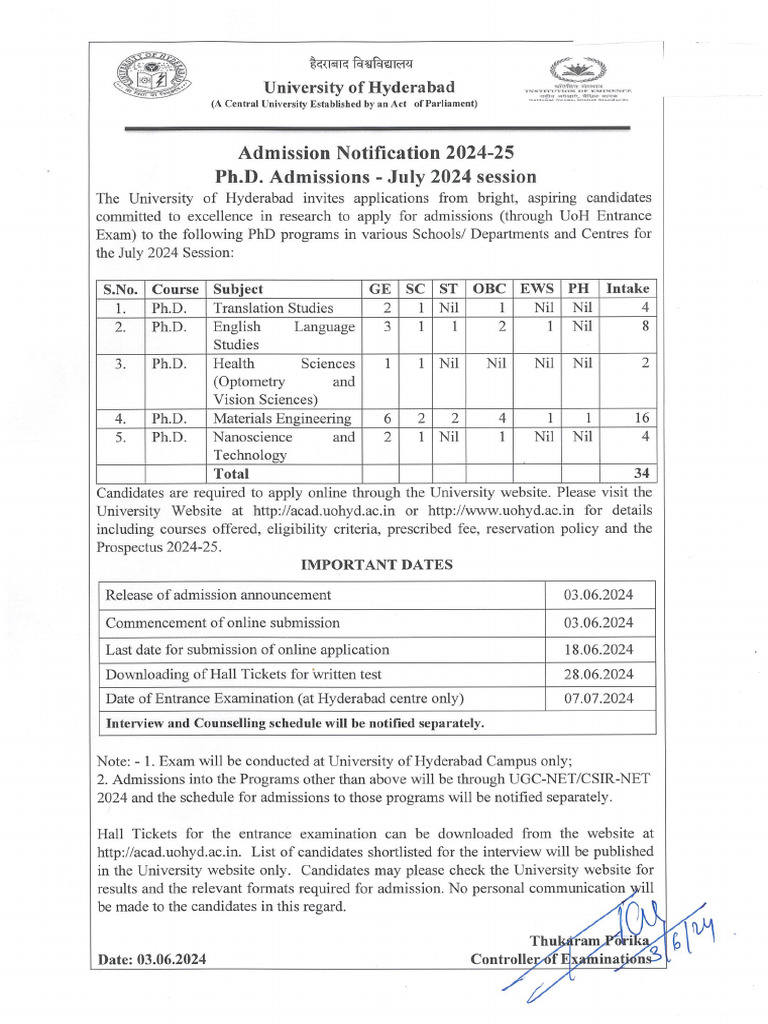 PHD 24 Notification | PDF