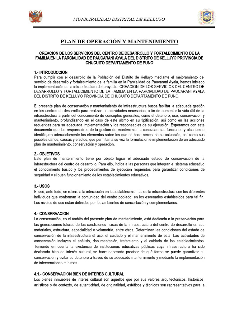 PLAN DE OPERACIÓN Y MANTENIMIENTO | PDF