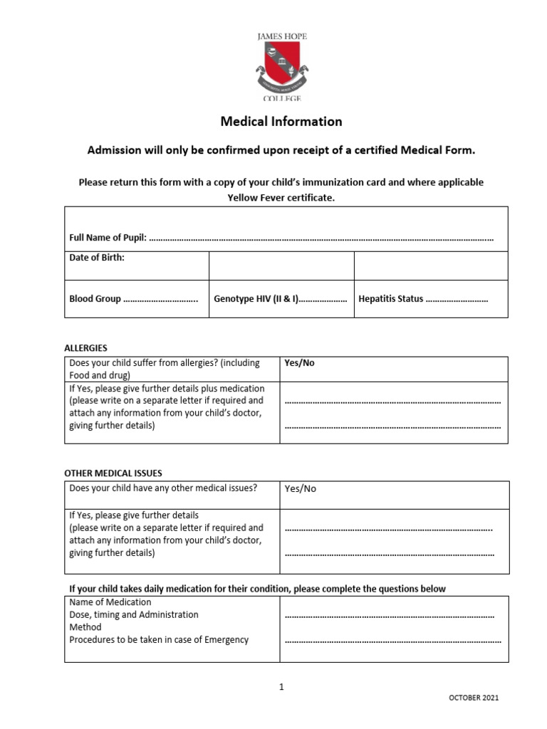 Medical Information FormOCT 2021 | PDF | Pharmacology | Health Sciences