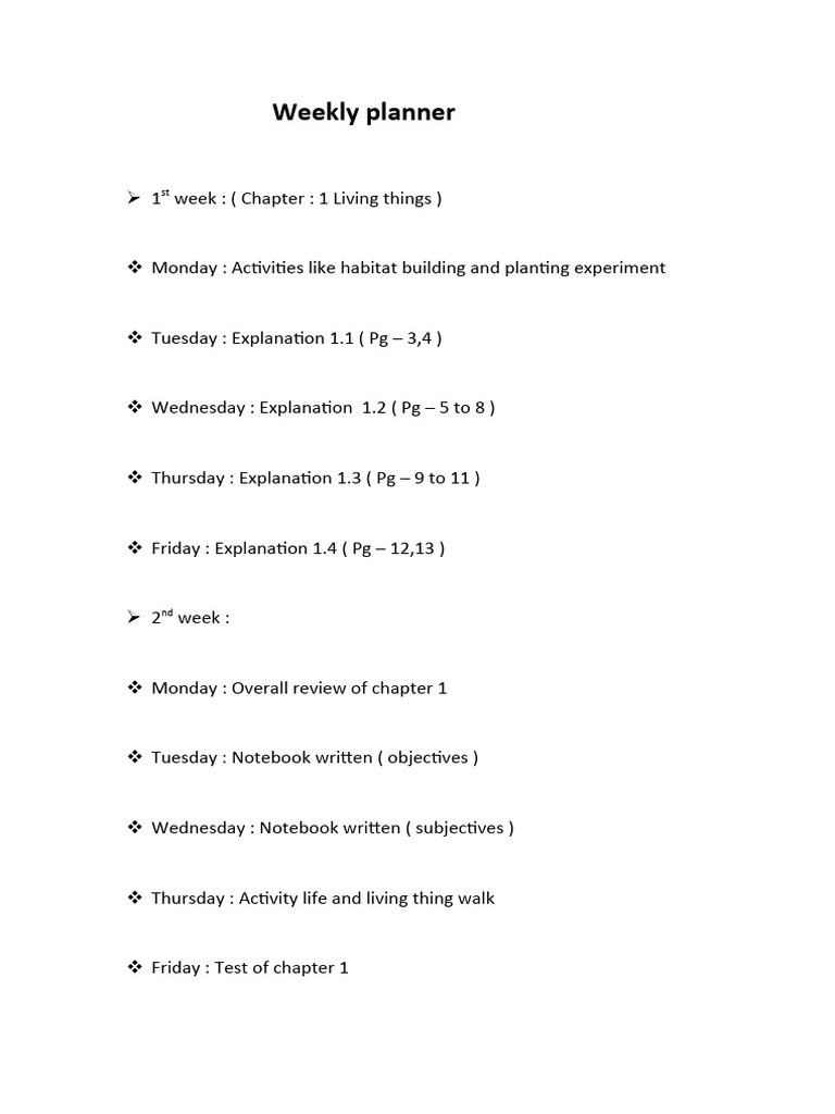 Weekly Planner Science Class 1st | PDF
