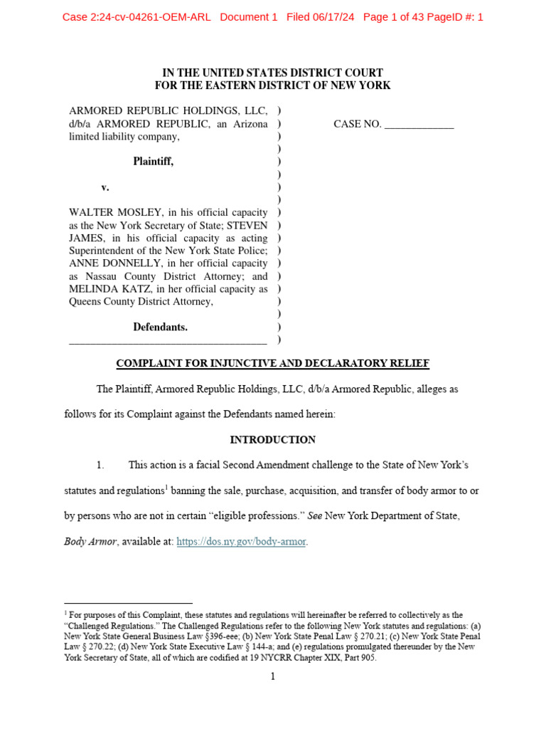 Armor Republic Challenges New York State's Body Armor Ban PDF