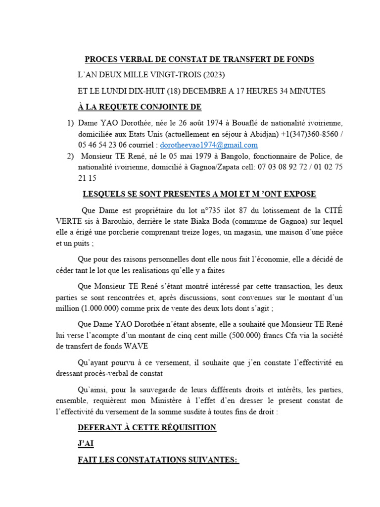 Procès-verbal de transfert de fonds | PDF | Droit
