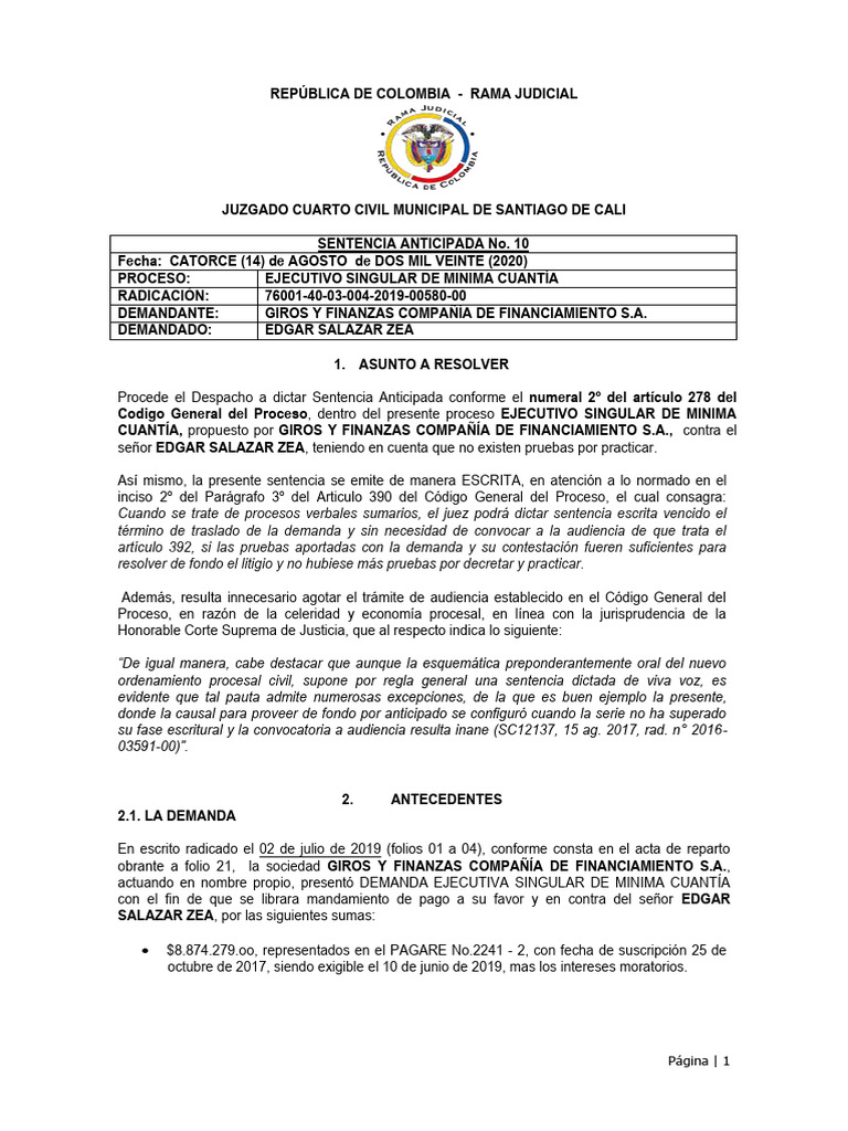 Auto Que Adecua Sentencia Anticipada | PDF | Ley procesal | Sentencia (ley)