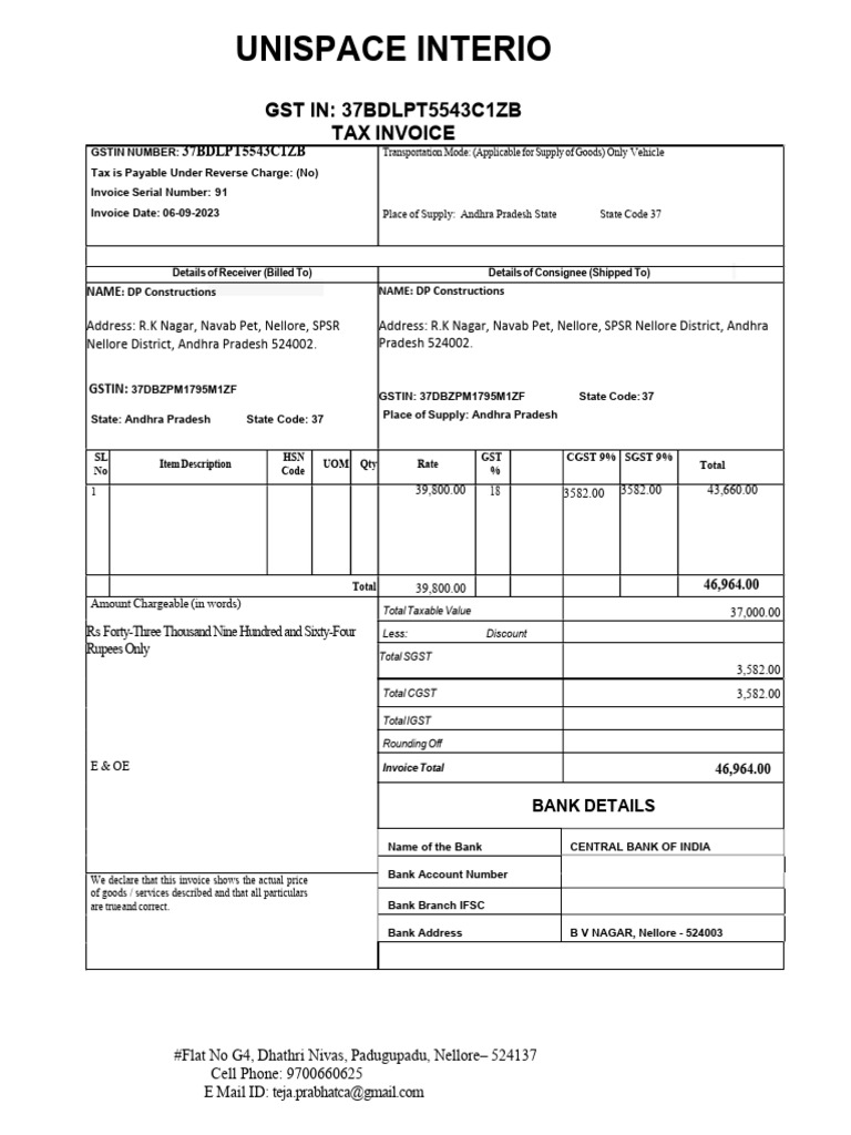 Invoice for DP Constructions - 46,964.00 | PDF | Invoice | Payments
