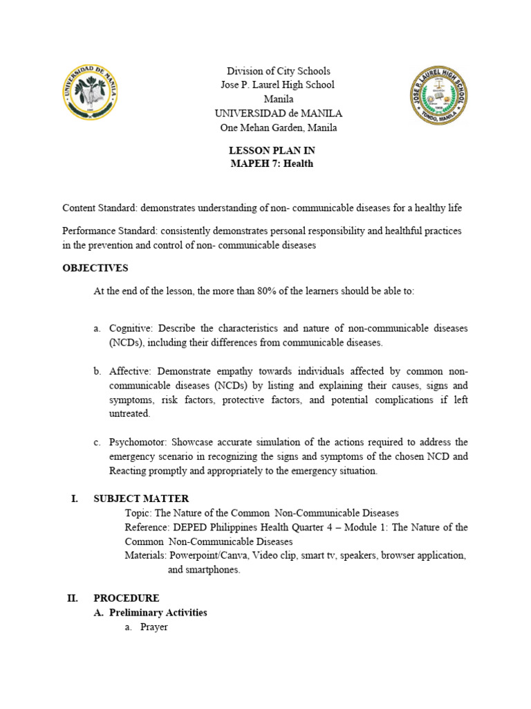 MAPEH 7 Lesson Plan: Non-Communicable Diseases | PDF | Non Communicable ...