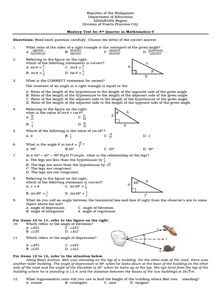 Grade 9 Math Mastery Test Q4 | PDF | Triangle | Trigonometric Functions