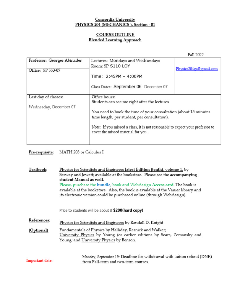 PHYS 204 Course Outline - Fall 2022 | PDF | Trigonometric Functions ...