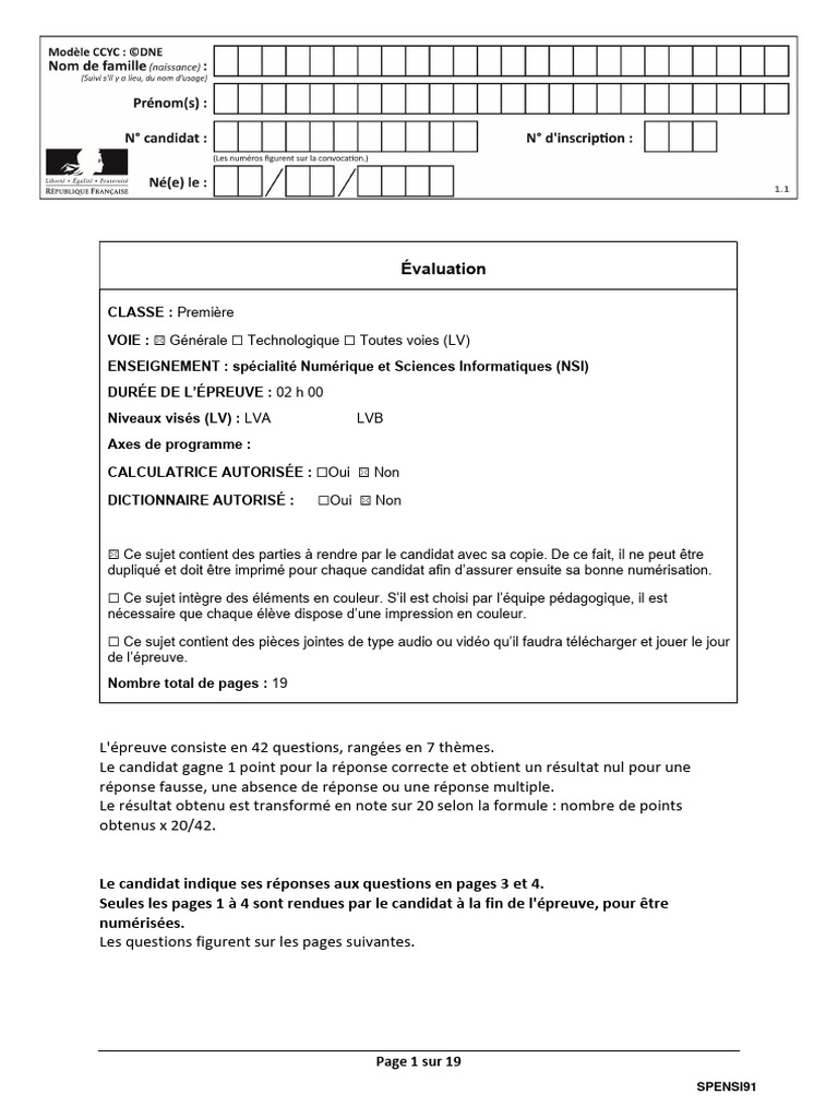 Évaluation NSI Première 42 Questions | PDF | Internet | Internet et Web