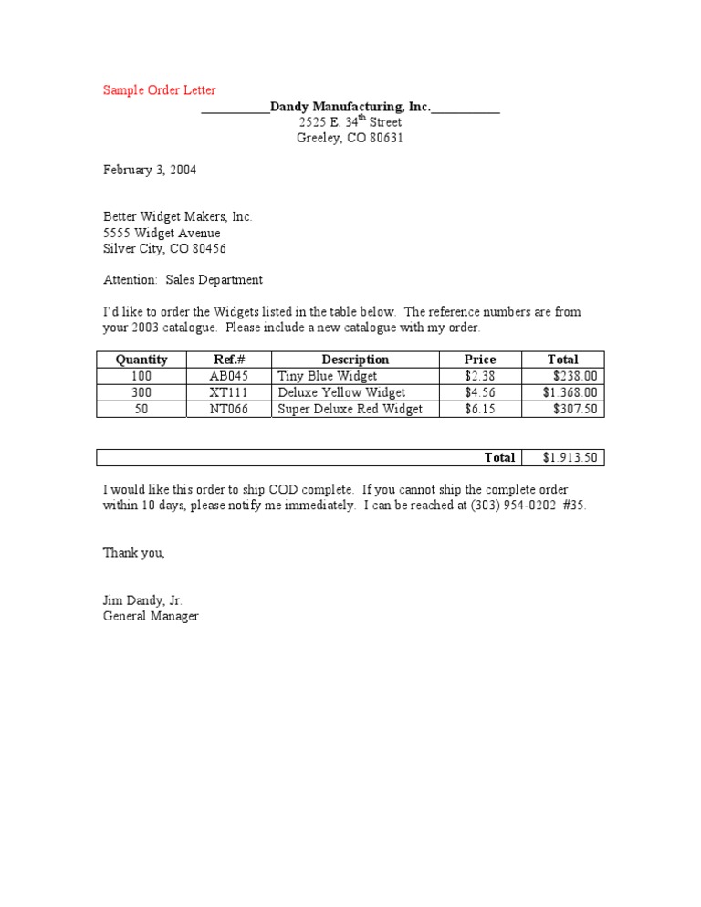 Sample Widget Order Letter Template | PDF | Home & Garden | Computers
