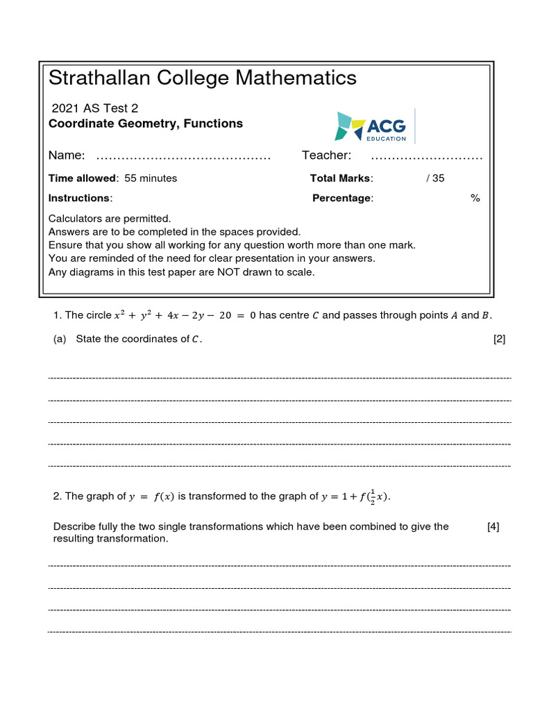 Test 2 - Coordinate Geometry, Functions (2021) | PDF | Equations ...