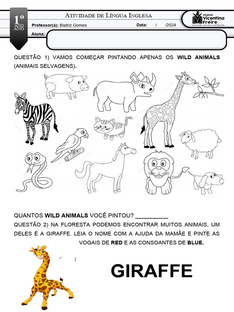 Atividade de Inglês - 1° Ano - Nicolly - Animais Selvagens | PDF
