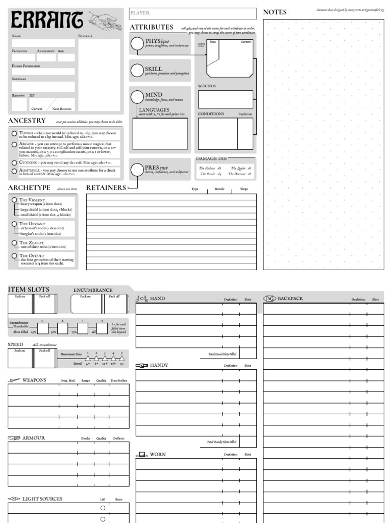 Errant RPG Character Sheet | PDF | Tabletop Games | Role Playing Games