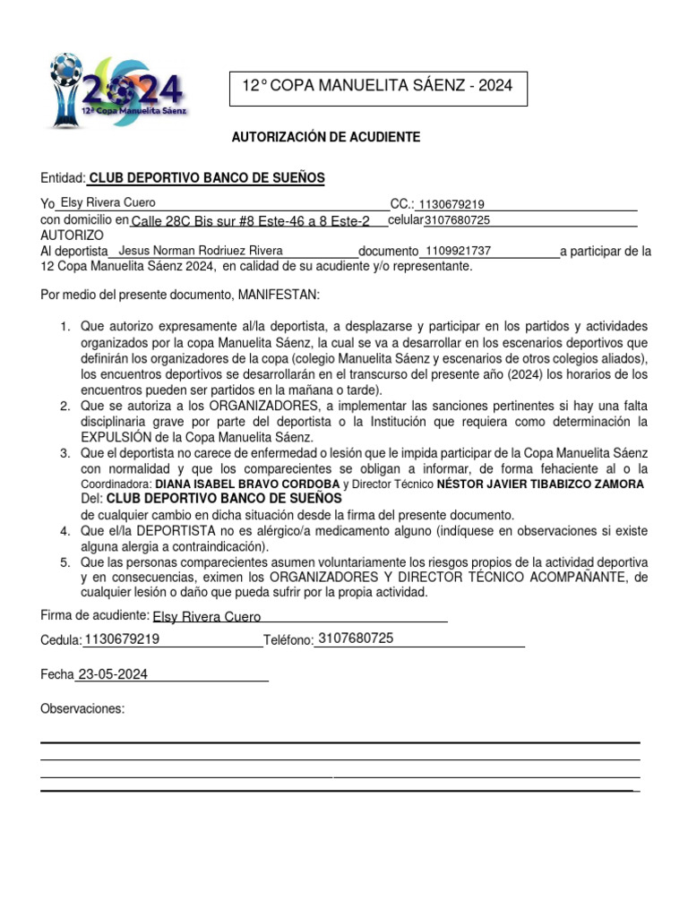 Autorizacion de Acudiente 2024 CDBS | PDF