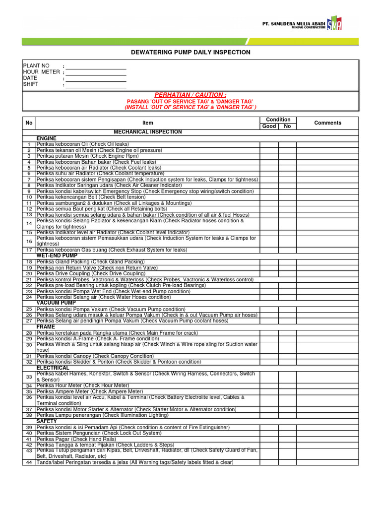 Daily Dewatering Pump Inspection Checklist | PDF | Leak | Radiator