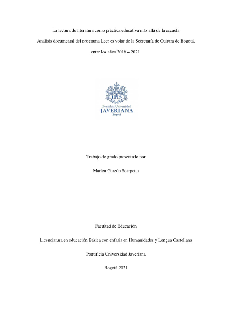 Trabajo Final Analisis Documental Leer Es Volar Pdf Experiencia