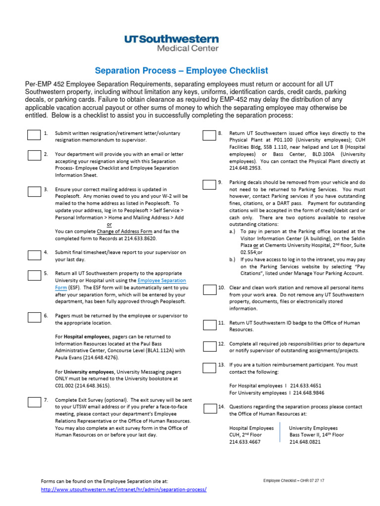 UTSW Employee Separation Checklist | PDF