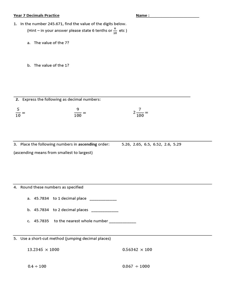 Decimals Practice | PDF