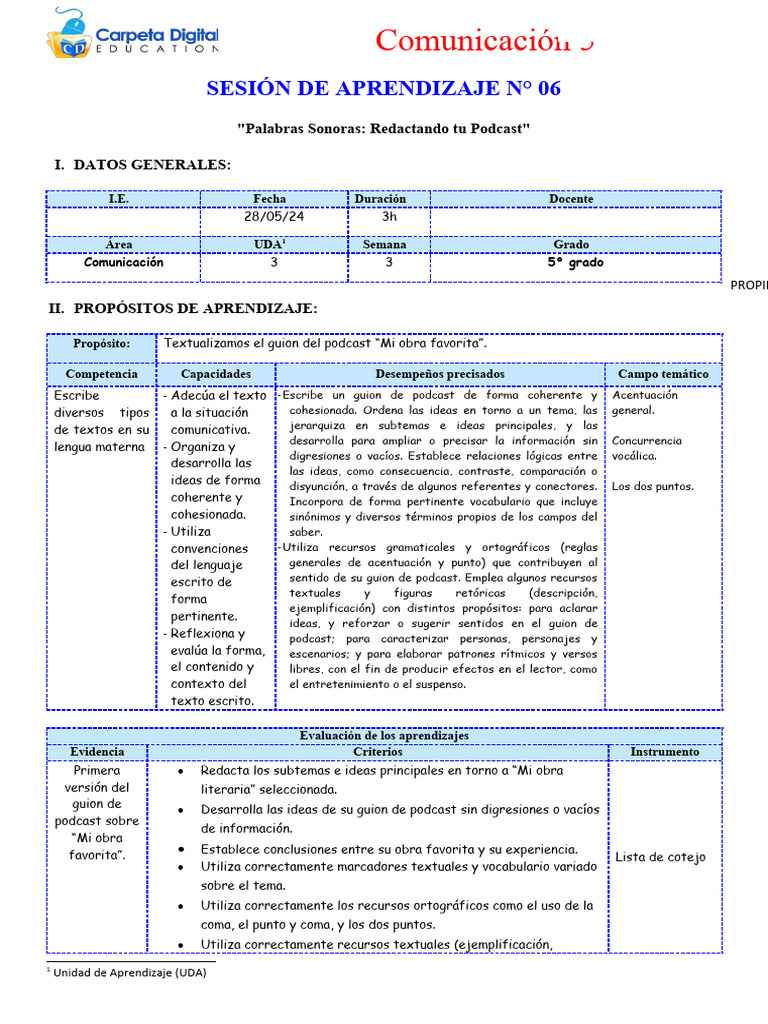 SESIÓN 6 -Palabras Sonoras Redactando tu Podcast- COM 5° | PDF ...