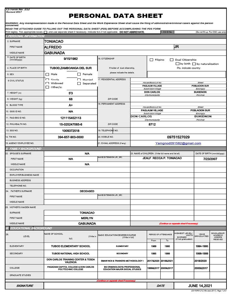 CS Form No. 212 Personal Data Sheet revised | PDF | Government