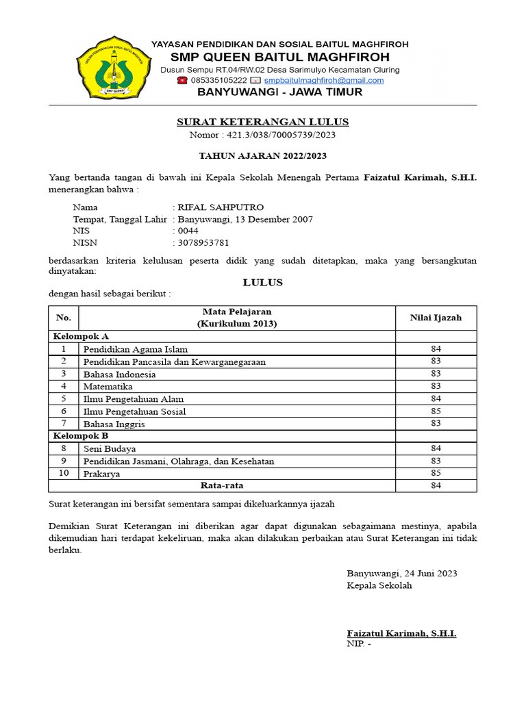 Surat Keterangan Lulus SMP 2023 | PDF