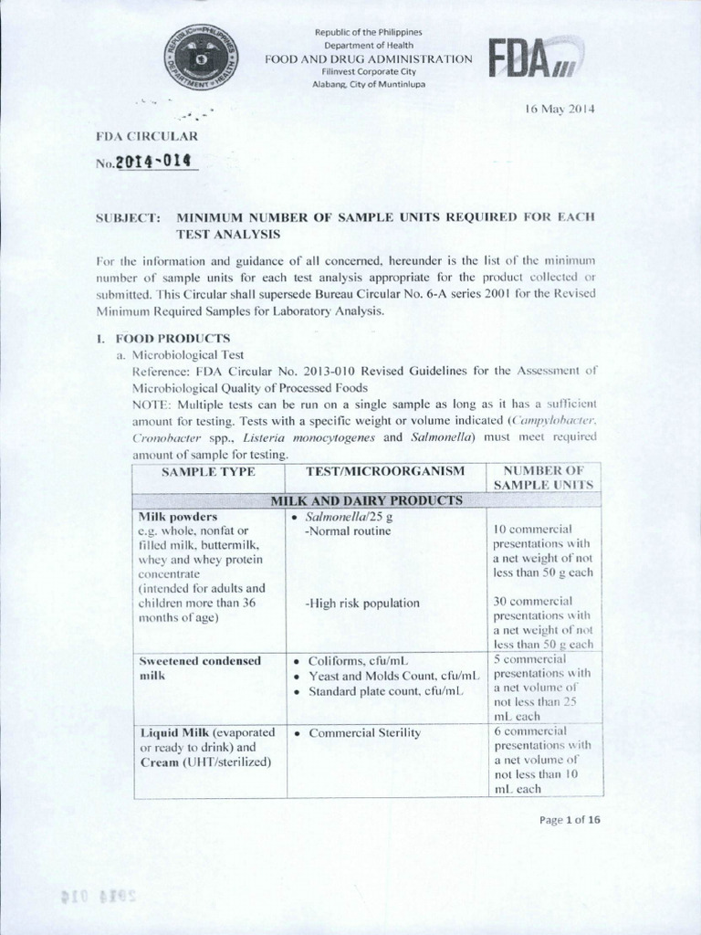 FC2014 014 Minimun Numbers of Samples Units Required For Each Test ...