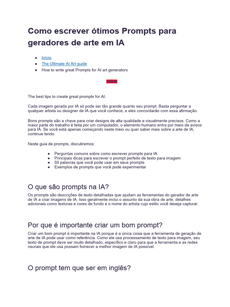 Dicas para Criar Prompts de Arte IA | PDF | Inteligência artificial ...