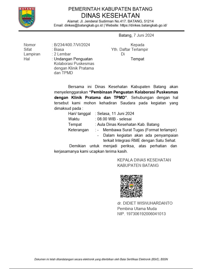 Undangan Pembinaan Penguatan Kolaborasi Puskesmas, Klinik, TPMD | PDF
