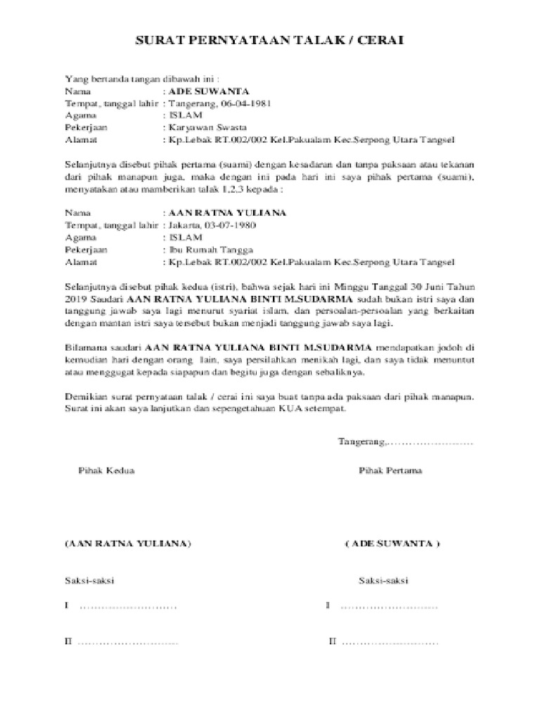 Surat Talak. #Contoh | PDF