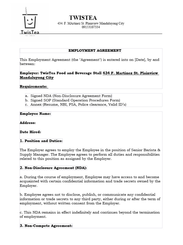 Employment Agreement for Senior Barista | PDF | Non Disclosure ...