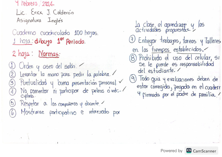 Reglas Inicio de Clase Inglés 2024 | PDF