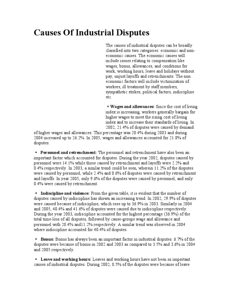 Causes of Industrial Disputes Strike Action Labour Relations