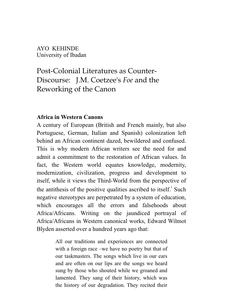 Post-Colonial Literatures As Counter-Discourse: J.M. Coetzee's Foe and ...