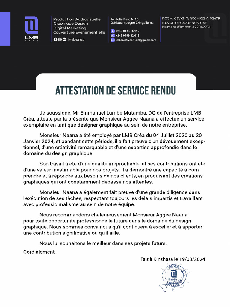 Attestation de Service Rendu - Naana | PDF