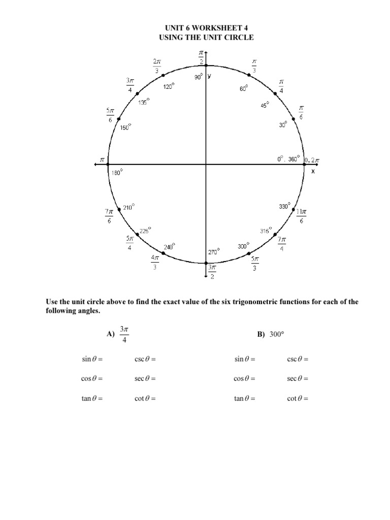 Unit 6 Worksheet 4 Using Unit Circle | PDF