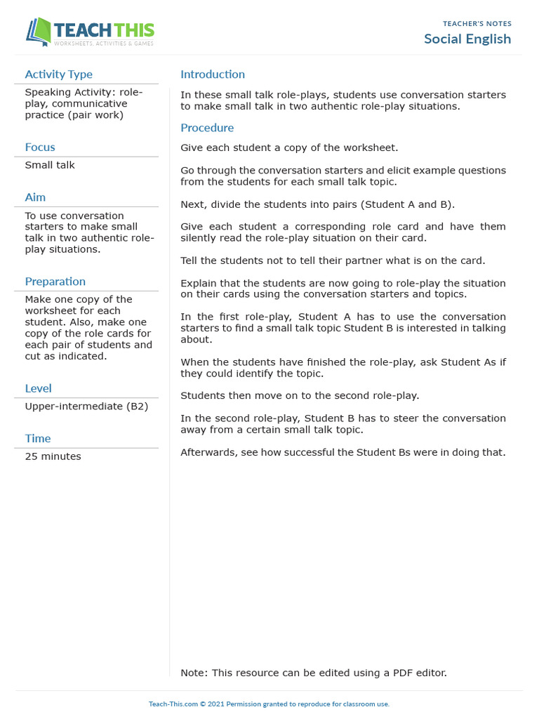Small Talk Role-Play Activities | PDF | Conversation | Human Communication