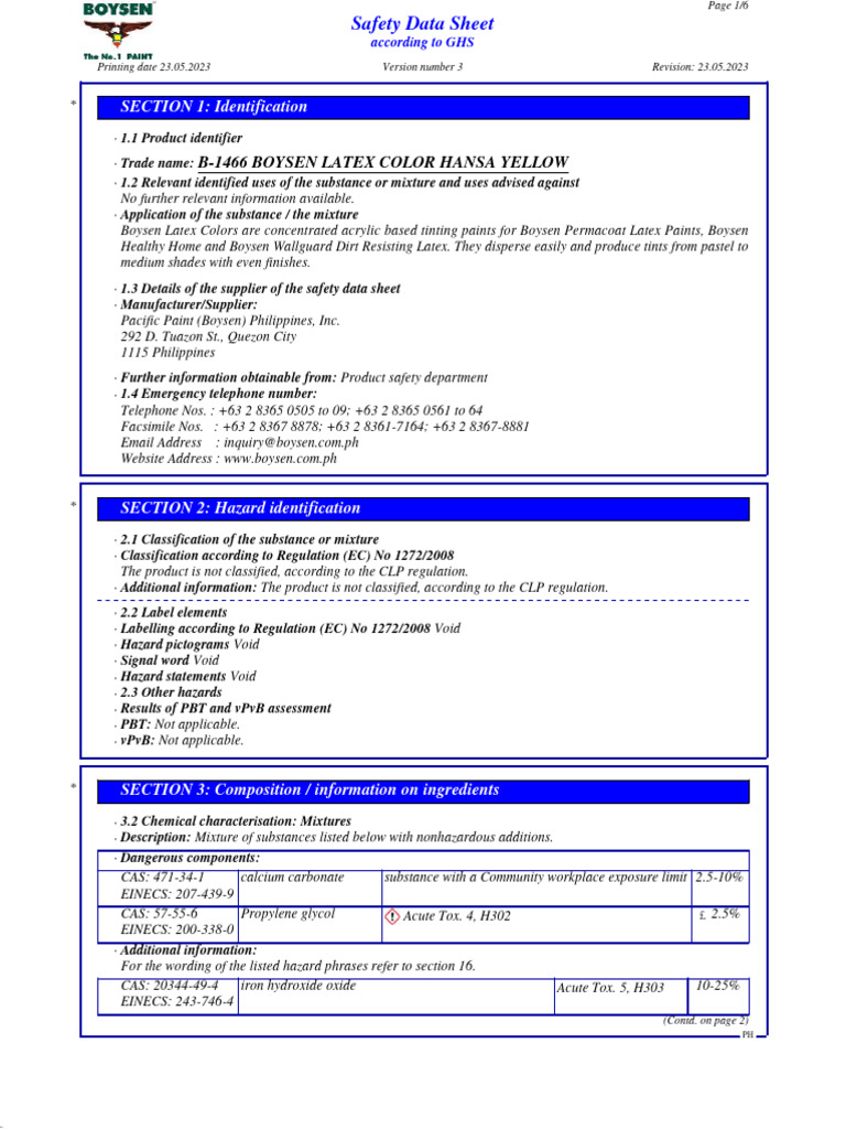 Boysen Hansa Yellow Latex Color SDS | PDF | Dangerous Goods ...