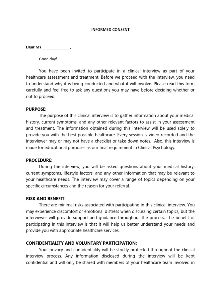 Clinical Interview Informed Consent Form | PDF | Informed Consent ...