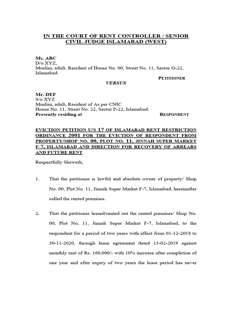 Eviction Petition | PDF | Affidavit | Lease
