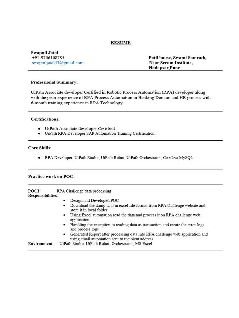 RPA Developer Resume: Swapnil Jatal | PDF | Microsoft Excel | Software ...