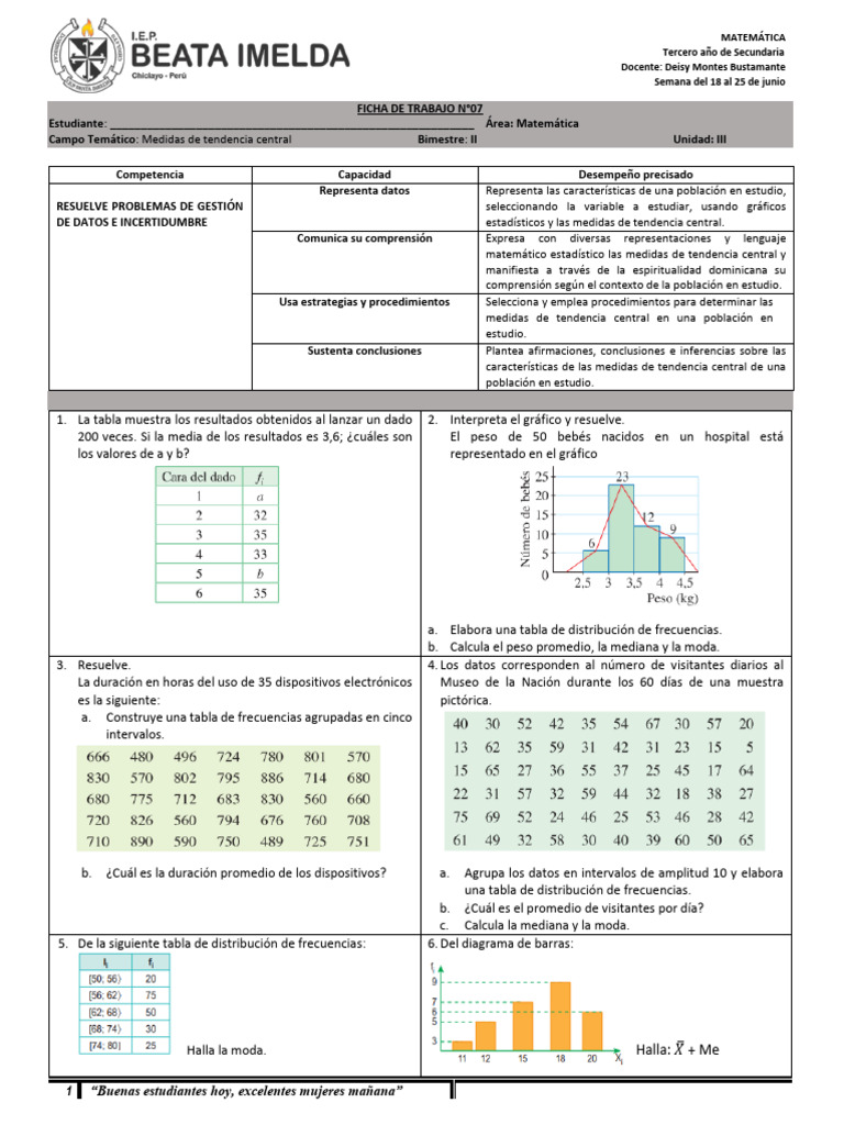 Ficha de Trabajo #7 - Medidas de Tendencia Central | PDF | Mediana ...