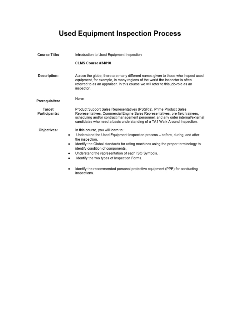 Used Equipment Inspection Process | PDF