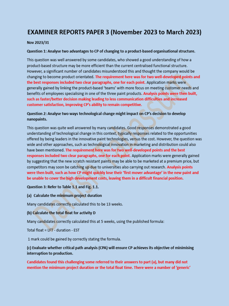Examiner Reports Paper 3 | PDF | Net Present Value | Lean Manufacturing