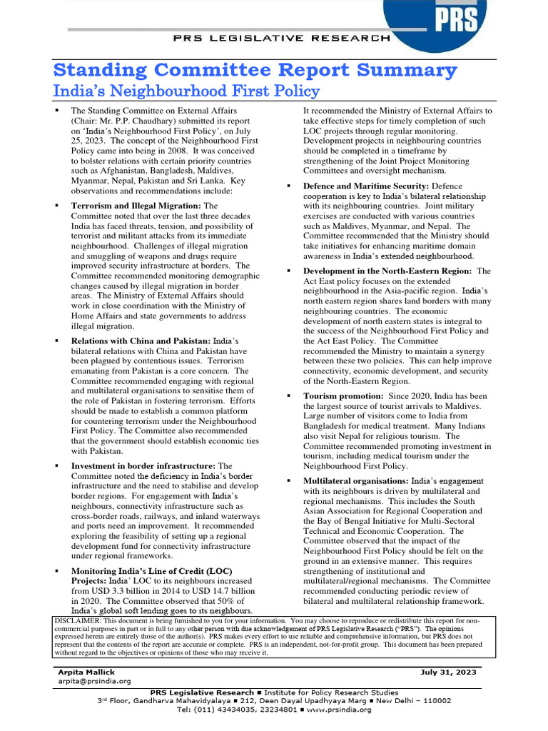 On India's Neighbourhood First Policy | PDF | Government | Diplomacy