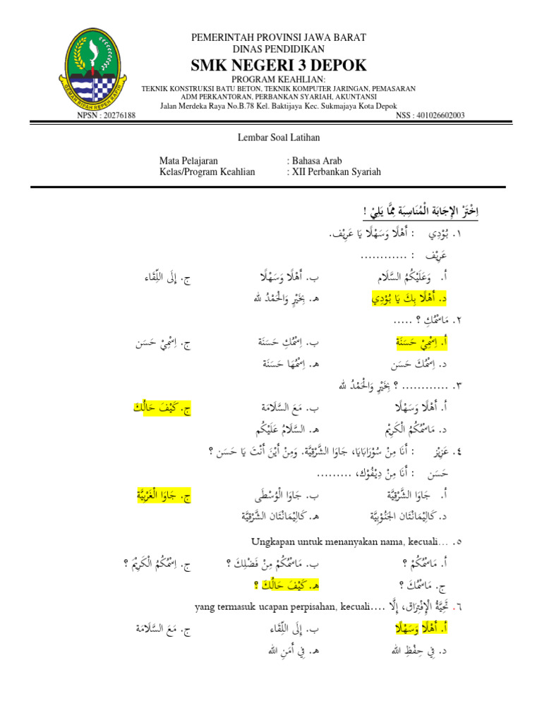 Latihan Soal Bahasa Arab 2324 | PDF