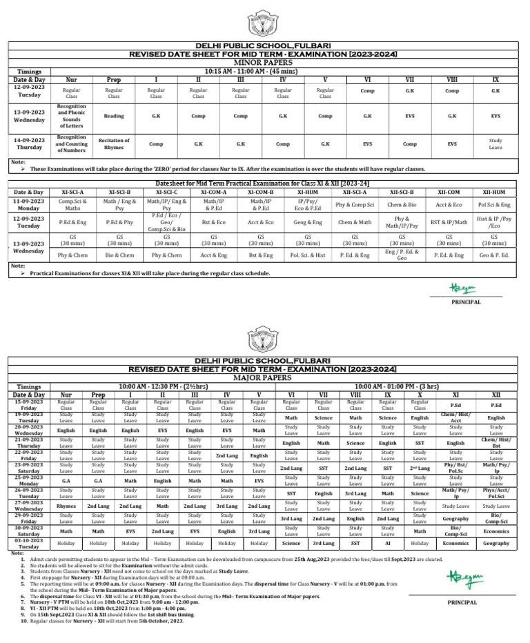 Mid Term Exam Datesheet 2023-24 | PDF | Science