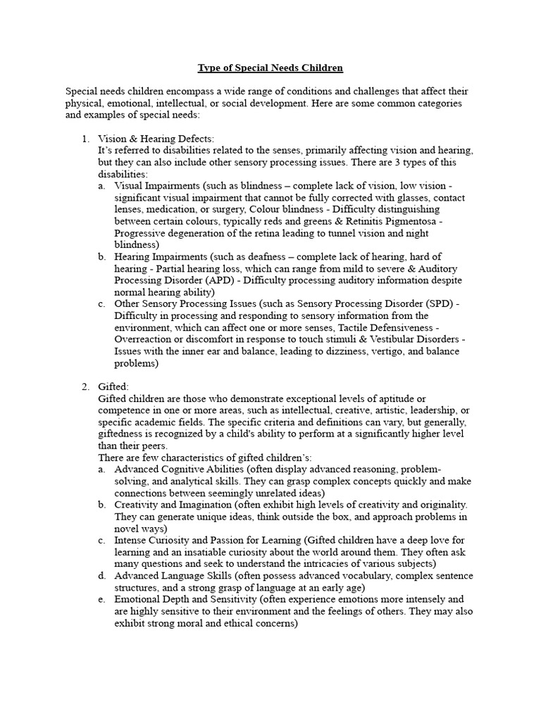 Types of Special Needs in Children | PDF | Intellectual Disability | Speech