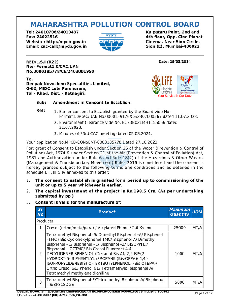 MPCB Consent Amendment for Deepak Novochem | PDF | Waste | Incineration