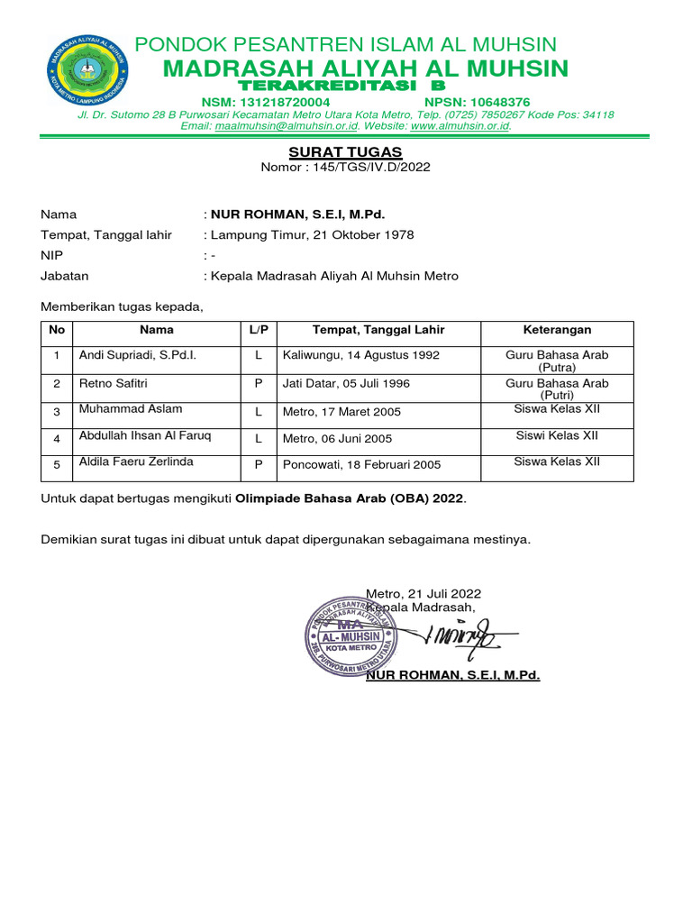 Surat Tugas Oba22 Mas Al Muhsin Kota Metro Lampung | PDF