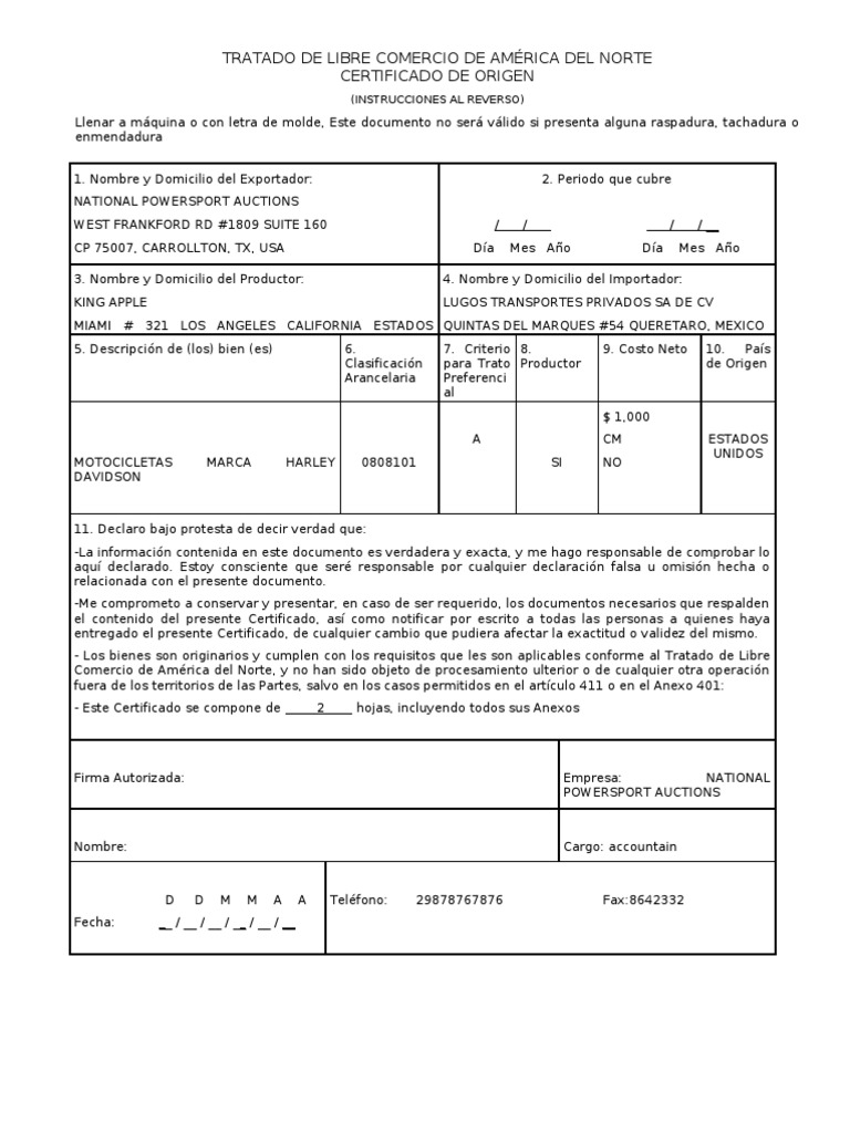 CERTIFICADO DE ORIGEN Tratado de Libre Comercio Norteamericano Negocios Internacionales