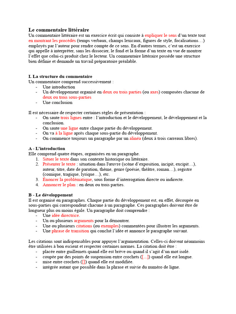 Structure du commentaire littéraire | PDF